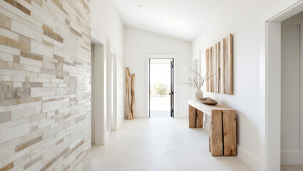 Minimalist Hallway with Wooden Console and Stone Accent Wall