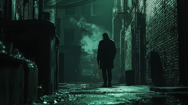 A dark alleyway scene where a figure prepares to commit a crime, the glow of a cigarette lighting up their face, intense and foreboding atmosphere,