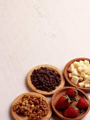 menu snack ingredient photo chocolate chips strawberry walnut cheese dessert sweet food kitchen set