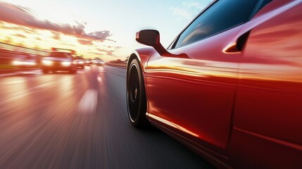 Obraz premium A high-octane car chase as a stolen sports car speeds down a highway, blurred motion, sirens flashing in the distance,