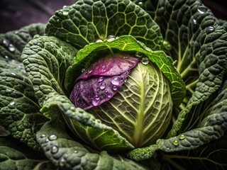 Obraz premium Closeup of Purple Cabbage Leaves with Water Droplets - Minimalist Nature Photography