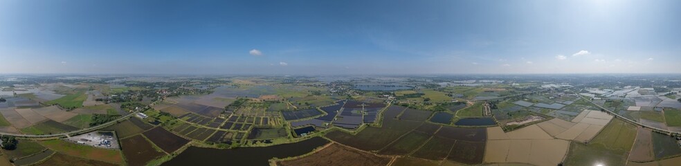 Panorama of solar farms (solar cells) with electricity generation systems in agricultural areas, renewable green energy, power plants, ground-mounted solar panels.