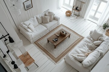 The top view of the Nordic style living room, mainly white tones, spacious and comfortable, simple and stylish vision,the Nordic style living room creates an elegant and comfortable scene.