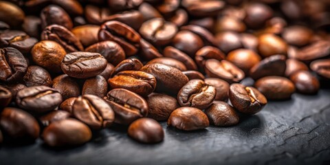 Fototapeta premium Close-up of Coffee Beans Scattered on a Dark Surface, Capturing the Rich Aroma and Natural Beauty of the Roasted Beans
