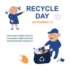 People are cleaning up trash in park.Concept of plastic recycling.Banner,poster,social media. Recycle  Day. Vector illustration in a flat style 