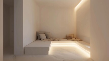 Minimalist reading nook, soft lighting