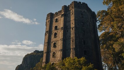 An elegant archer tower surrounded by colorful flowers creates a picturesque scene