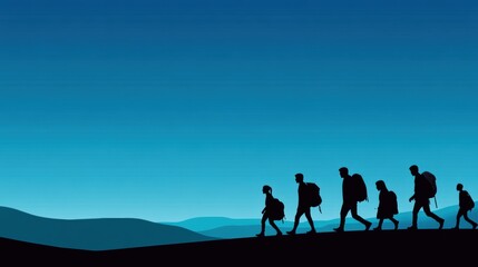 Fototapeta premium Silhouetted hikers trek across a serene landscape under a vast, clear blue sky, AI