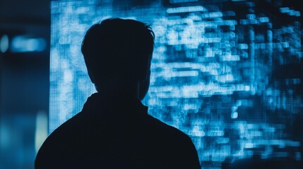 A silhouette of a hacker downloading blueprints for a revolutionary invention from a high-security database, futuristic ambiance,