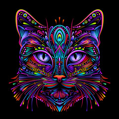 Naklejka premium Vibrant Psychedelic Cat Art Illustration in Neon Colors
