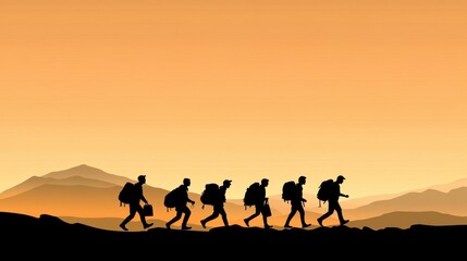 Fototapeta premium Silhouetted hikers trek across a mountainous landscape at sunset, AI