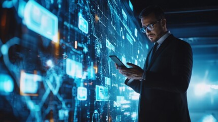 Fototapeta premium Business executive checking multiple notifications on smart devices, with a backdrop of futuristic office tech.