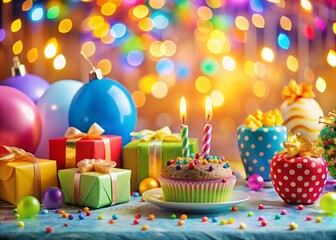 Colorful Birthday Celebration Elements with Bokeh Effect for Festive Events and Invitations