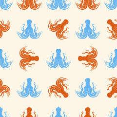 Octopus silhouette seamless pattern vector. Cute cartoon style sea and ocean creatures, animals. Symmetrical square composition, for print design, wallpaper, wrapping paper or web.