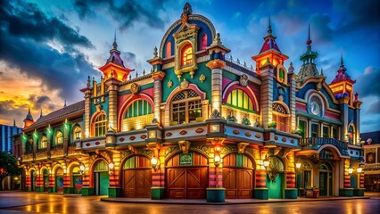 Obraz premium Colorful Cartoon Aesthetic Building in Low Light Photography for Artistic Fusion Design