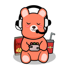 Clip art illustration of flat isolated cute teddy bear children cartoon character holding game stick playing play station wearing earphone and eating fast food cola and snack chips