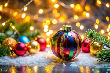 Colorful Christmas Ornament on Marble Surface with Festive Decorations - Low Light Photography for Holiday Cheer