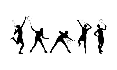 Female badminton player silhouette. Badminton player silhouette vector. Set of silhouettes of women athletes or badminton players isolated on a white background.