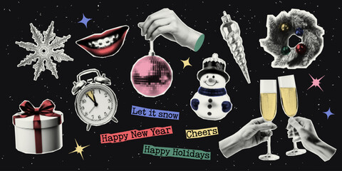 Happy New Year. Set of vectors cut out holiday elements. Trendy decor with halfton effect for a greeting card, collage, cover design.