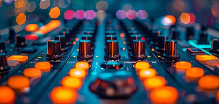 Close-up of a professional mixing console, featuring illuminated buttons and knobs, creating a vibrant audio environment with colorful bokeh lights.