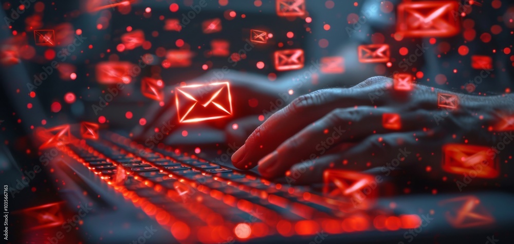 Poster Close-up of hands typing on a keyboard with floating red email icons illustrating digital communication.