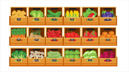 Obraz premium Vegitables in supermarket grocery store shelves,farm market boxes,shop product display.vector illustration.