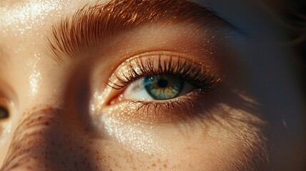 Close-up beauty makeup: The soft blending of eyeshadow and mascara on the lashes, with a model's face as the canvas for advanced makeup techniques
