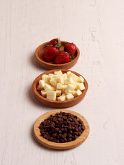 menu snack ingredient photo chocolate chips strawberry walnut cheese dessert sweet food kitchen set