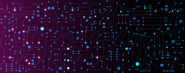 Blue and pink circuit electronic or electrical line with circle engineering technology concept vector background
