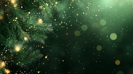 Pine branches and glowing lights on green festive background