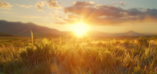 Stunning sunset over a serene landscape, featuring golden sunlight bathing the grassy field and distant mountains in warmth.