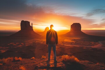 A person stands facing a desert landscape during sunset. Concept of solitude and exploration. For travel inspiration or motivational content