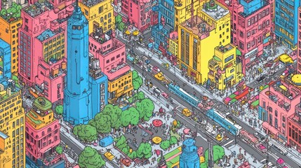 Colorful isometric illustration of a busy city street with buildings, people, cars, and trees.