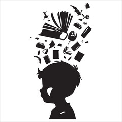 simple logo of the silhouette of a little boy with objects coming out of a book on his head representing imagination, on white background