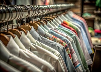 Colorful Shirts and White Shirts Displayed in a Clothing Store with Tilt-Shift Photography