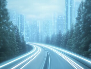 Carbon-neutral strategies in transportation, clean electric vehicles, soft blue-green lighting