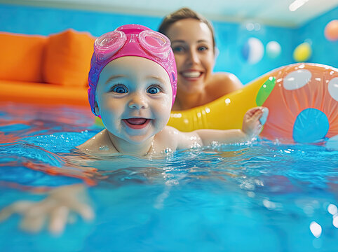a baby girl learning to swim in an indoor pool with the help of her mother, who is wearing swimming goggles and a pink cap and smiling at the camera.