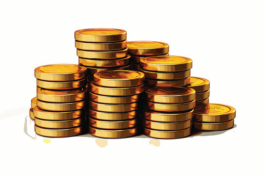 many column of stacking up golden coins on white background with clipping path