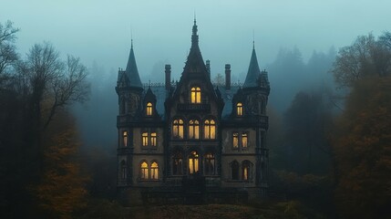 Obraz premium A gothic haunted house with towering spires, broken roof tiles, and dim lights emanating from the windows, with plenty of copy space in the surrounding landscape