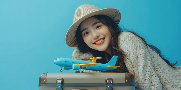 Smiling Asian woman in hat with toy airplane and suitcase against vibrant blue background, evoking travel and adventure