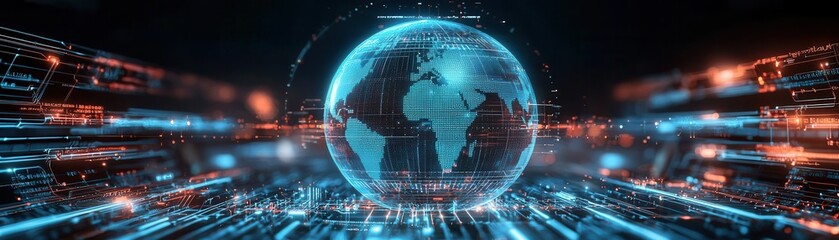 Naklejka premium A 3D holographic search engine displaying a rotating globe with live search queries, symbolizing global, realtime information access