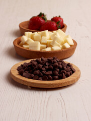 menu snack ingredient photo chocolate chips strawberry walnut cheese dessert sweet food kitchen set