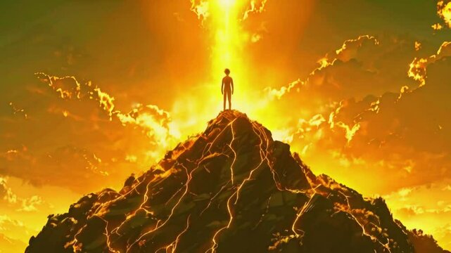 A golden light shines solely person mountain, surreal, almost divine glow, landscape Ground beneath, fragile nature of narcissism, 4k high-quality Victor anime-style background Animation Video