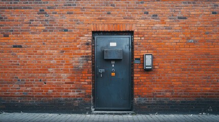 A brick wall with an entrance to a transformer, marked by asymmetrical metal doors, merging utility with industrial design