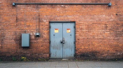 A brick wall with an entrance to a transformer, marked by asymmetrical metal doors, merging utility with industrial design