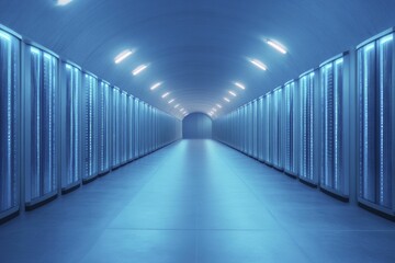 Server room with advanced cooling systems, dark tech environment, illuminated by soft blue LEDs
