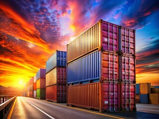 Containers on the Highway at Sunset - Dynamic Freight Transport Scene for Stock Photography