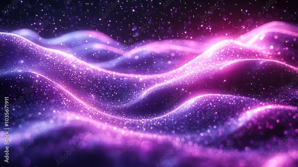 Wall mural digital swirling waves of purple particles illuminated by sparkling dots and stars creating an ether