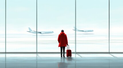 Obraz premium A traveler in a red coat gazes at planes through large airport windows, AI