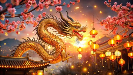 Fototapeta premium Continuous Line Drawing of an Ancient Chinese Dragon for Chinese New Year Celebrations